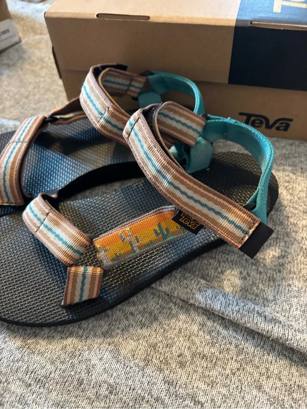 Teva Striped Webbing Sandals in Teal, Tan & Black